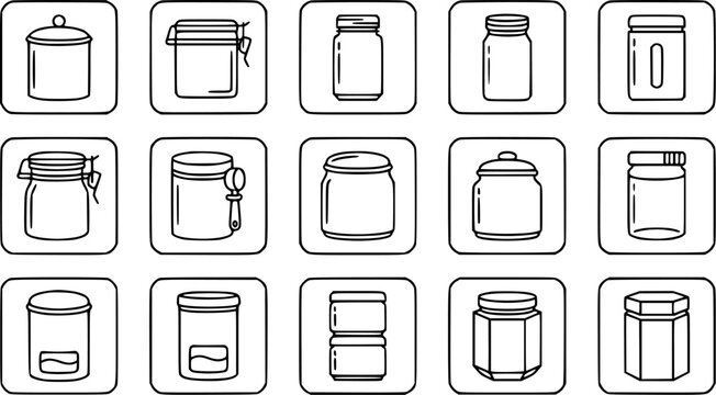 Food Storage Jars and Containers Black and White Line Art Outline Icon Set