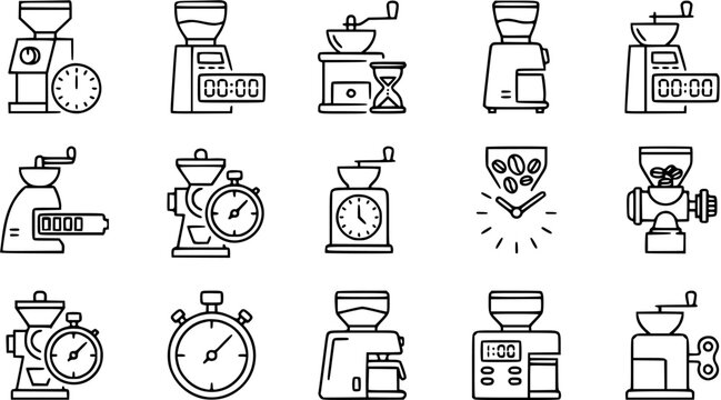 Coffee Grinder and Brewing Time Line Art Icon Set for Food and Beverage Industry, Featuring Electric  Manual Grinders, Stopwatches,  Digital Timers