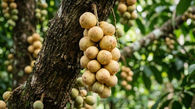 Ripe, golden lansones hanging from a tree branch, a tropical fruit bounty ready for harvest in the sun