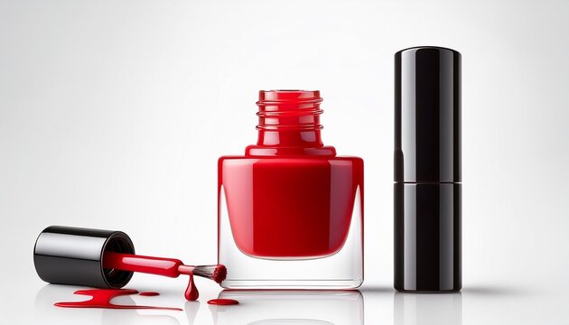 Frasco De Esmalte Vermelho Aberto Com Pincel Pingando Sobre Fundo Branco Maquete Cosmetica Realista Sem Rotulo Nem Texto