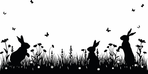 Rabbit Silhouette Scene With Wildflowers And Flying Insects White Background © Prodip