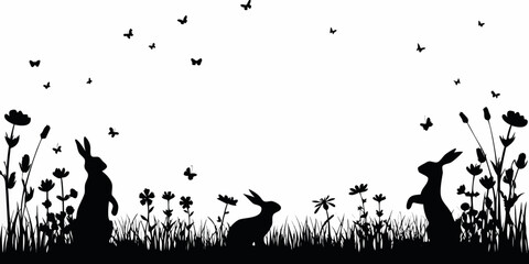 Bunny Silhouette Scene With Flowers And Flying Birds White Background © Prodip