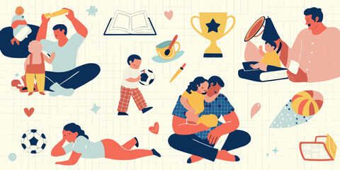 Obraz premium Family interactions and objects a colorful vector illustration