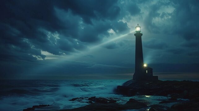 Stormy sky looms over a lone lighthouse beam. Water crashes against jagged rocks beneath glowing light. Furious waves surge as night deepens and clouds swell. Isolated beacon offers calm through chaos