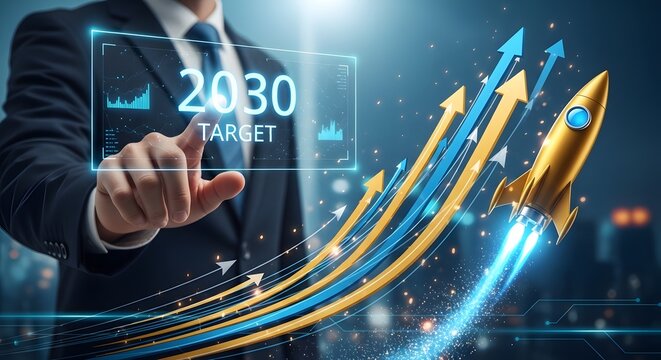 Businessman points to 2030 target with golden rocket launching upwards
