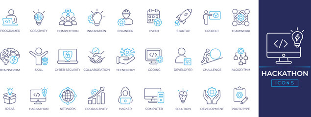 Hackathon editable line icon set for innovation, Collaboration, computer, prototype, development, technology, startup, prototype, success, team and more. Outline icons collection. © SokretiRani