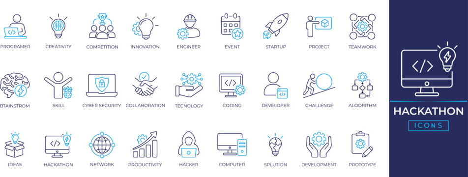 Hackathon editable line icon set for innovation, Collaboration, computer, prototype, development, technology, startup, prototype, success, team and more. Outline icons collection.