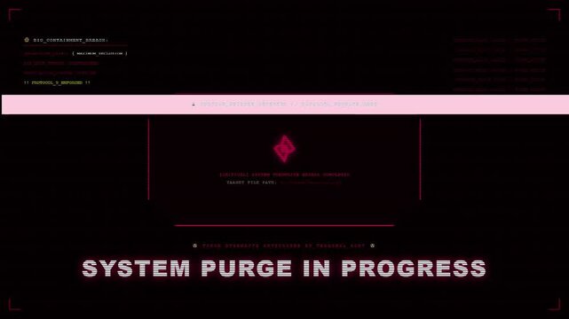 System Purge In Progress Alert Screen Displaying Bio Containment Breach Critical System Overwrite Bypass Completed Hostile Seizure Detected Red HUD Terminal Background.