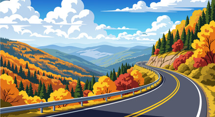 Fototapeta premium Scenic Autumn Mountain Road Landscape Vector Illustration with Vibrant Foliage and Blue Sky
