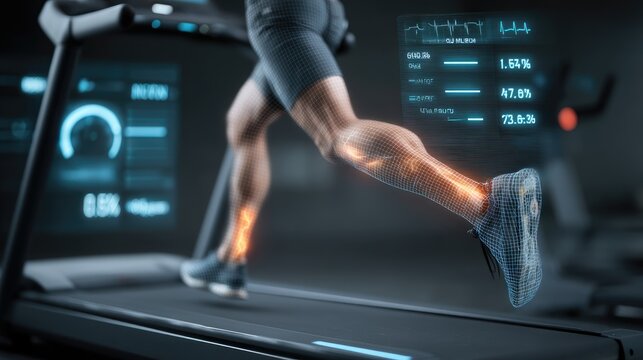 Patient running on treadmill, holographic body muscle heat map and calorie burn stats overlay, sports science technology concept 