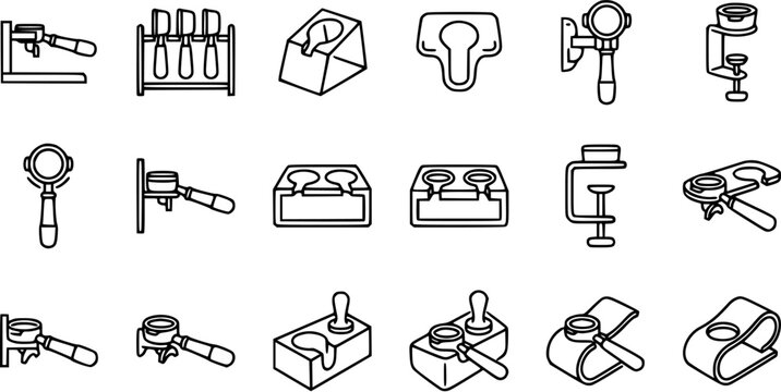 Espresso machine portafilter and accessories line art icons for coffee brewing