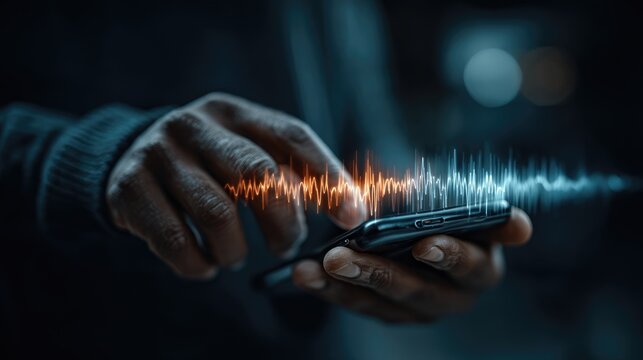 Person using a mobile app, digital voice assistant sound wave visualization and microphone icon overlay, voice command technology concept 