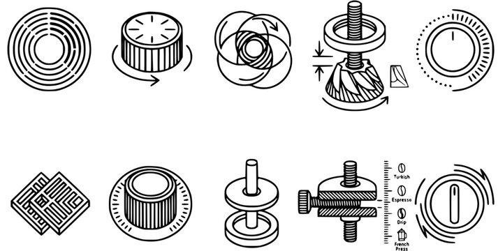 Coffee Grinder Settings Line Art Icons - Black and White Outline Glyphs for Grind Adjustment, Burrs, and Brewing Types like Espresso, Drip, French Press.
