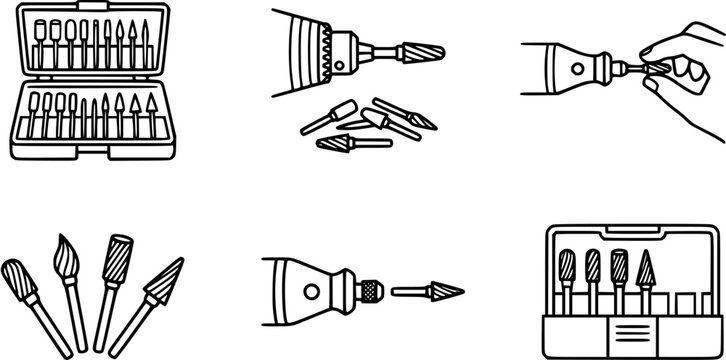 Collection of Rotary Tool Bits and Accessories Black and White Line Art Icons for DIY, Crafting, Grinding, Carving, and Polishing