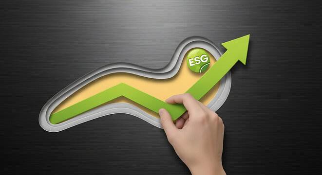 A hand pushing a green upward-trending arrow with an ESG label, symbolizing growth and positive impact in business and sustainability.