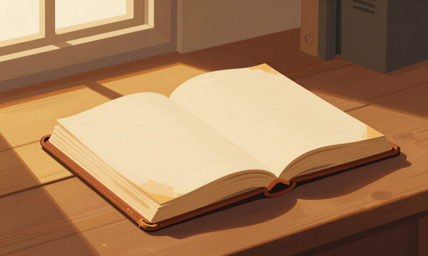 weathered antique nautical logbook lies open rustic wooden desk bathed warm golden sunlight streaming nearby window