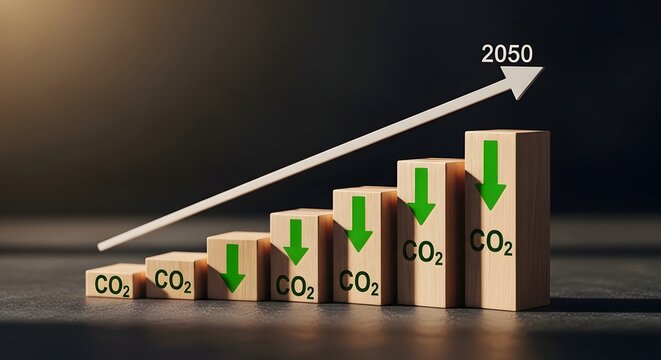 CO2 reduction graph with 2050 target and downward arrows