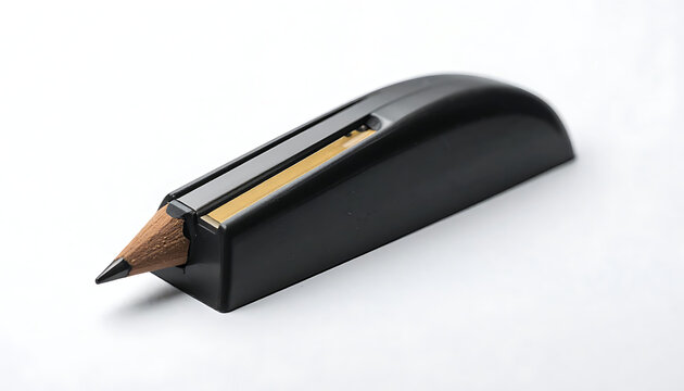 Isolated black pencil sharpener with a pencil inserted on a clean white background, close up