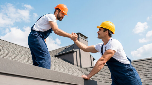 Group of professional roofers collaborating on a residential building project.
