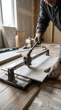 Extreme close-up of a professional construction worker using a manual tile cutter to slice ceramic tiles, modern home renovation and luxury flooring installation on a residential building site