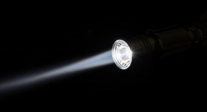 A bright flashlight beam shining in the dark.