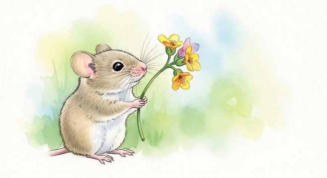 Little field mouse holding a bouquet of wildflowers in springtime