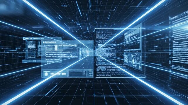 Futuristic Digital Data Tunnel with Neon Blue Lines and Code.
