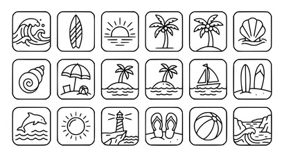 Ocean sea surf sunset and beach icon set editable stroke vector transparent background © Mehedi