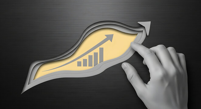 Hand holding golden growth arrow emerging from multiple paths on dark background