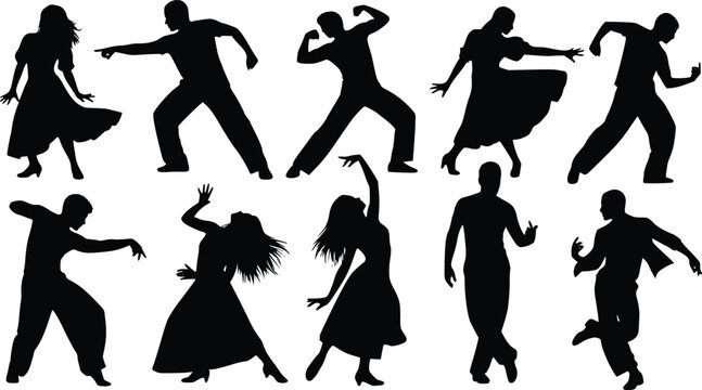 Dancing Silhouettes Set - People, Dance, Movement, Black and White, Vector