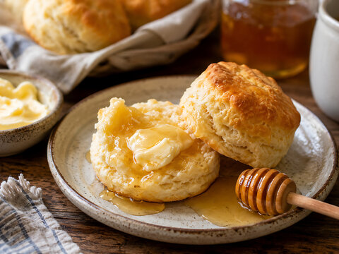Buttermilk biscuits with honey butter, Southern comfort breakfast scene