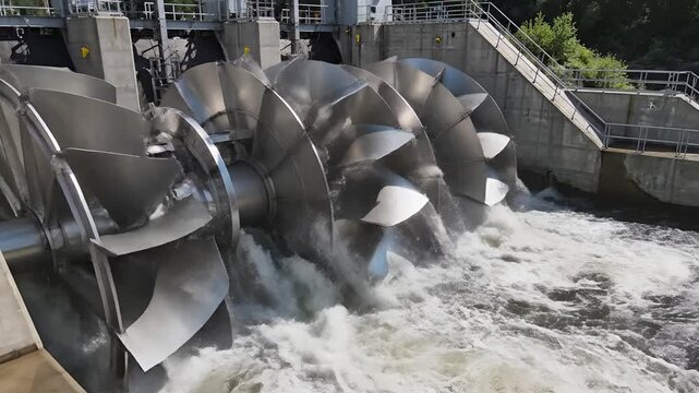 Hydroelectric Turbine Generating Power from Flowing Water at Dam.