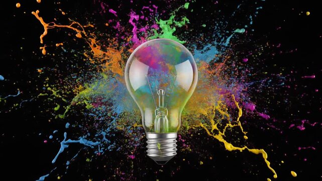 "Light bulb bursting with vibrant paint splashes, symbolizing imagination, innovation, and the brilliance of bright ideas expressed through dynamic color explosion against dark background."