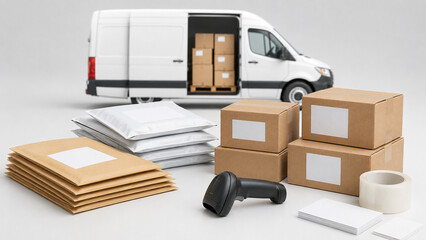Fototapeta premium 3D delivery workspace with van, parcels, envelopes and barcode scanner.