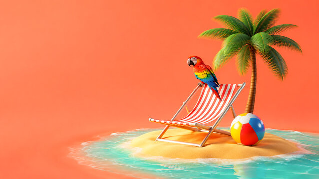 3D tropical island with a parrot on a beach chair.