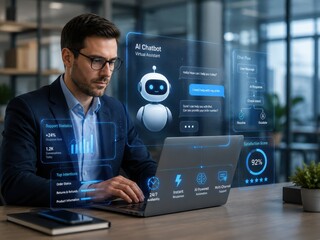 Obraz premium Man Interacting with AI Chatbot Interface: A businessman in glasses and a suit works on a laptop, looking at a futuristic holographic interface displaying an AI chatbot, data charts.