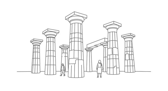 Illustration of Ancient Greek Columns and Tiny Figures.