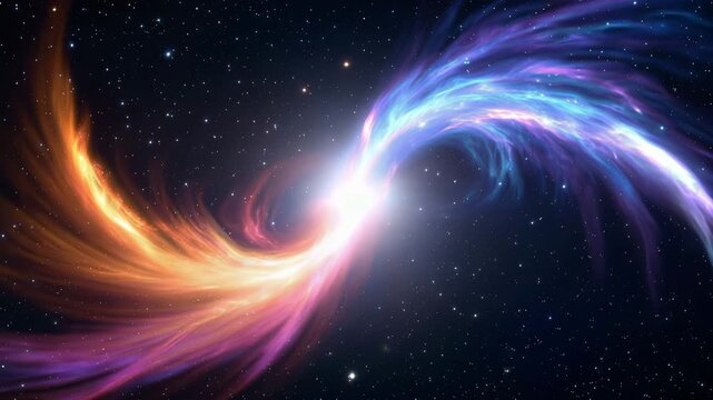 Abstract cosmic infinity symbol formed by swirling orange and blue nebulae in deep space 4k video