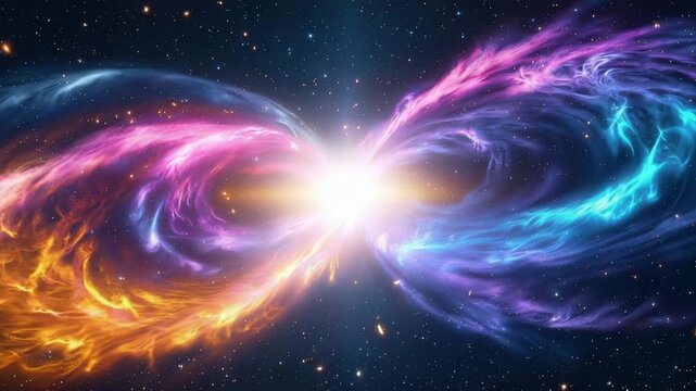 Abstract cosmic infinity symbol formed by swirling orange and blue nebulae in deep space 4k video