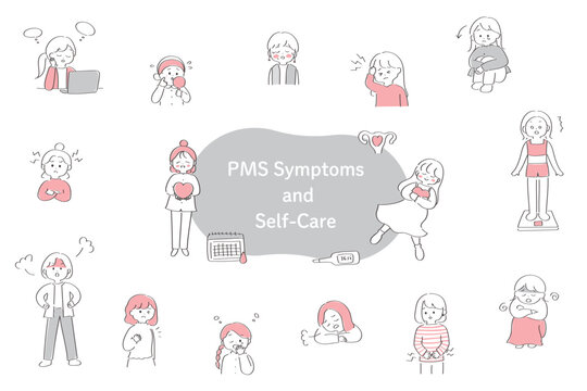 PMSに悩む女性とセルフケアのかわいい人物イラストセット