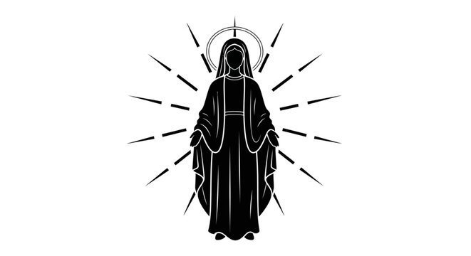 Black and white illustration of the Virgin Mary with rays of light.
