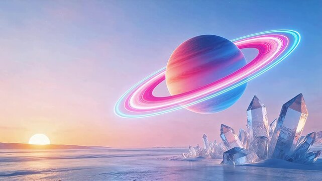 Planet with glowing rings over icy landscape