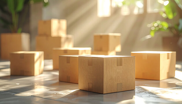 Stack of cardboard boxes in sunlit room, representing moving, delivery, storage, and logistics