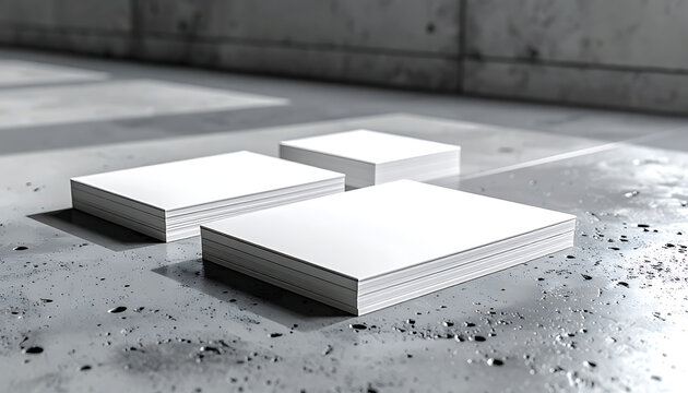 Stacks of blank white business cards on a wet concrete floor, moody lighting, mock-up for printing or design