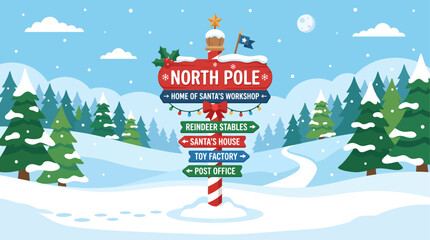 A festive North Pole signpost in snowy landscape with evergreen trees. © Abhinaya Project