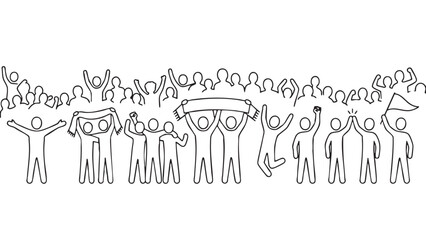 Obraz premium Vector illustration of a diverse crowd of people celebrating and cheering with raised arms and banners in a lively and joyful atmosphere with a black outline.