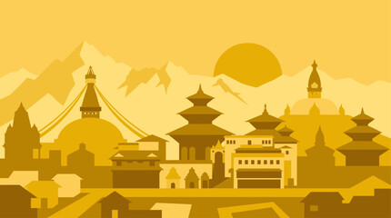 Naklejka premium Golden illustration of Nepal cityscape with mountains.