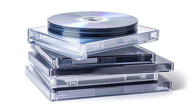 Stack of clear CD jewel cases with a shiny disc on top, showcasing music storage and data archiving