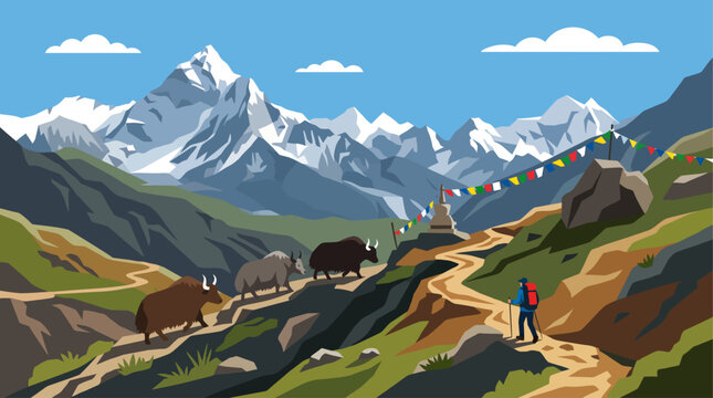 Hikers and yaks on mountain trail.