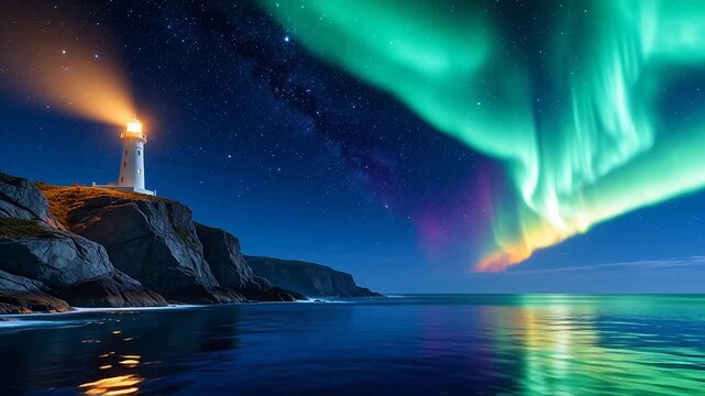 Lighthouse under northern lights